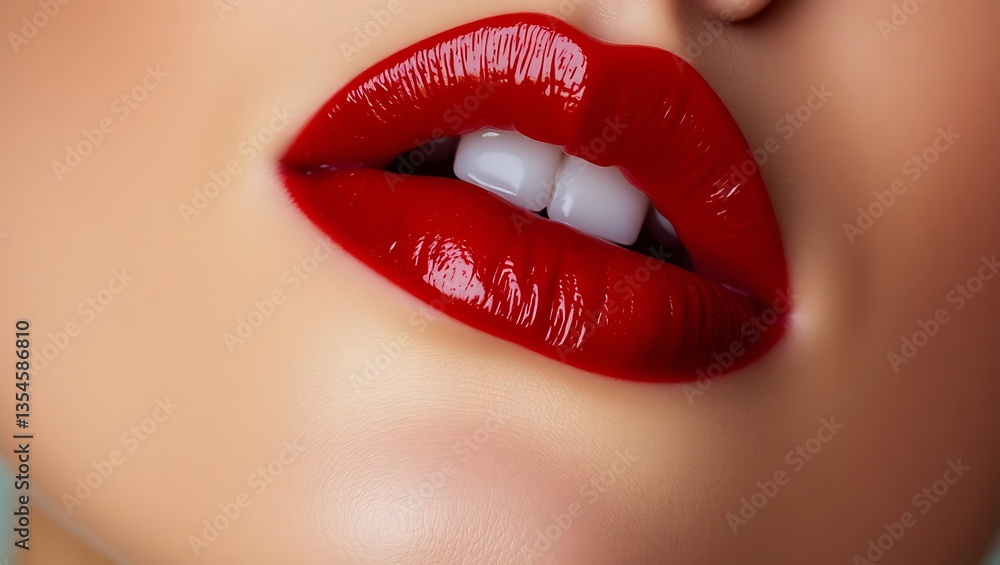 Fototapeta premium Hyperrealistic macro shot of vibrant red lips, glossy finish, and white teeth.
