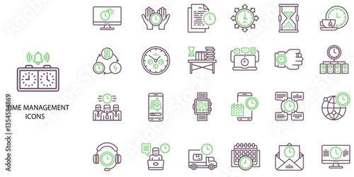 Time Management simple concept 24 green color icons set. Contains such time, management, quick, fast, timing, clock .Vector illustration.