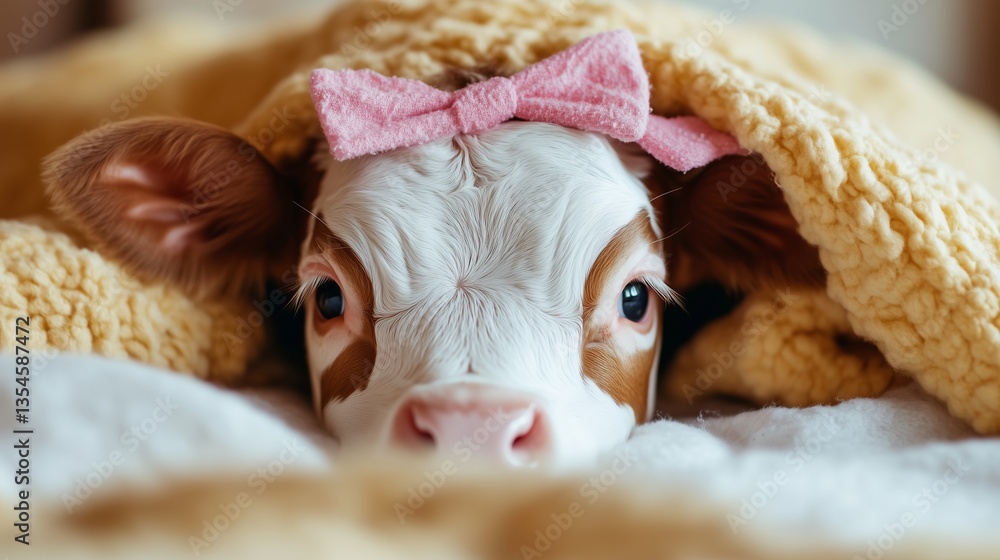 Naklejka premium cute baby calf with a pink bow
