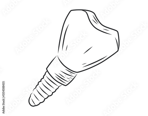 Hand-drawn vector illustration of a dental implant. Black and white sketch of a tooth implant with a screw, representing modern dentistry, oral surgery, and prosthetic dental treatments.