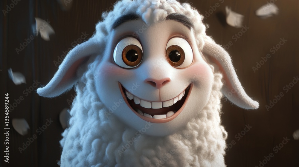 Fototapeta premium 3D-rendered cartoon sheep with a wide grin and bright eyes, set in an indoor cozy scene with scattered feathers in the background. Ideal for creative and fun themes.. AI Generation