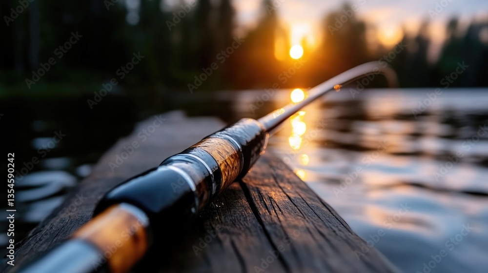Naklejka premium Fishing rod resting on a wooden dock at sunset. A close-up of a fishing rod on a wooden dock, with the setting sun reflecting on the water