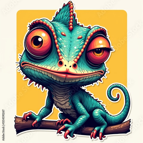 Colorful chameleon with oversized eyes perched on branch