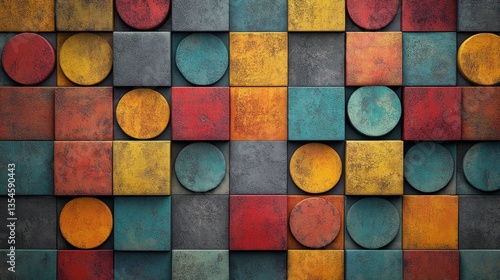 A stunning pattern featuring textured multicolored squares and circles. This geometric design brings a bold, artistic touch to modern interiors or creative projects.. AI Generation
