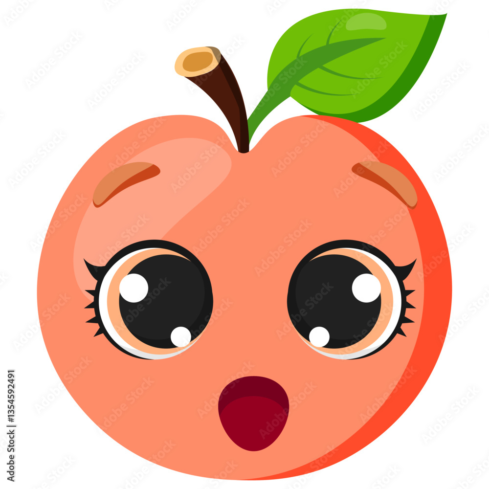 Surprised peach with expressive big eyes and a fresh, juicy texture. A playful fruit illustration ideal for stickers, emoticons, organic food labels, summer designs, and healthy lifestyle projects Surprised peach with expressive big eyes and a fresh, juicy texture. A playful fruit illustration ideal for stickers, emoticons, organic food labels, summer designs, and healthy lifestyle projects