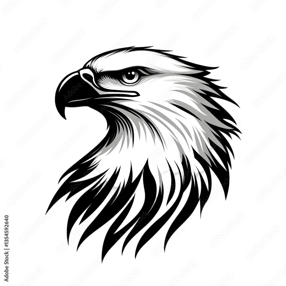 Fototapeta premium A striking black and white illustration of an eagle's head, showcasing its fierce expression and intricate feather details.