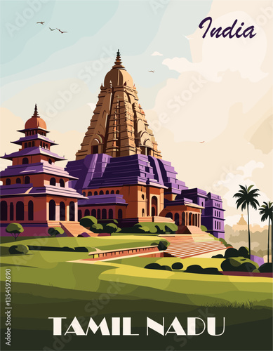 Retro travel poster featuring the iconic Tamil Nadu Temple in India, showcasing its architectural beauty and cultural richness in vibrant, nostalgic colors. Perfect for vintage wall art
