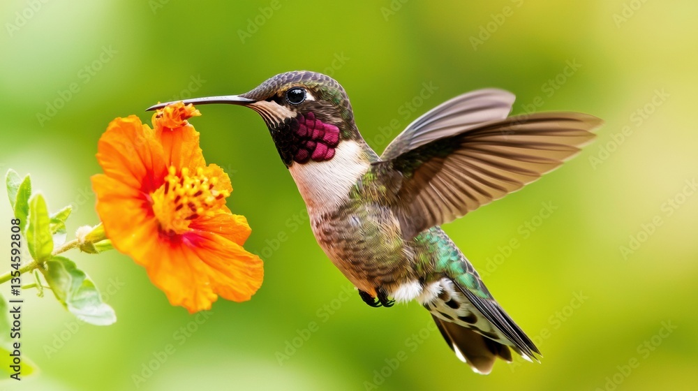 Naklejka premium Hummingbird feeding on a vibrant orange flower.