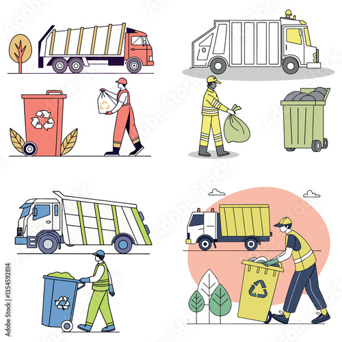 Trash utility, disposal and recycling concept set Vector illustration. Waste collector worker, recycling trash bin and garbage truck collection.