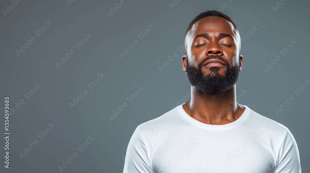 Obraz premium Man with closed eyes and a serene expression on a gray background