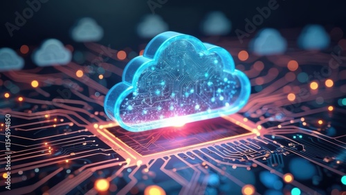 Digital Cloud Computing Concept: Glowing Cloud Icon Integrated Into A Circuit Board, Symbolizing Data Migration, Infrastructure Modernization, And Digital Transformation In A Futuristic Cyber Network.