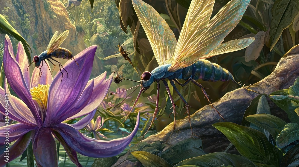 Obraz premium Fantasy insects on vibrant lotus flowers in a lush, tropical setting