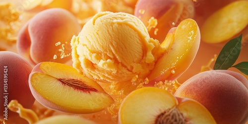 Vibrant mango sorbet and peach slice cascade on peach background