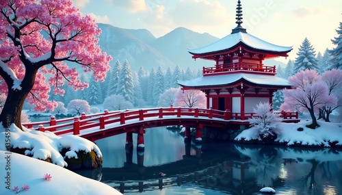 Wallpaper Mural Japanese pagoda in a serene winter setting with snow-covered bridge, pagoda, setting, bridge Torontodigital.ca