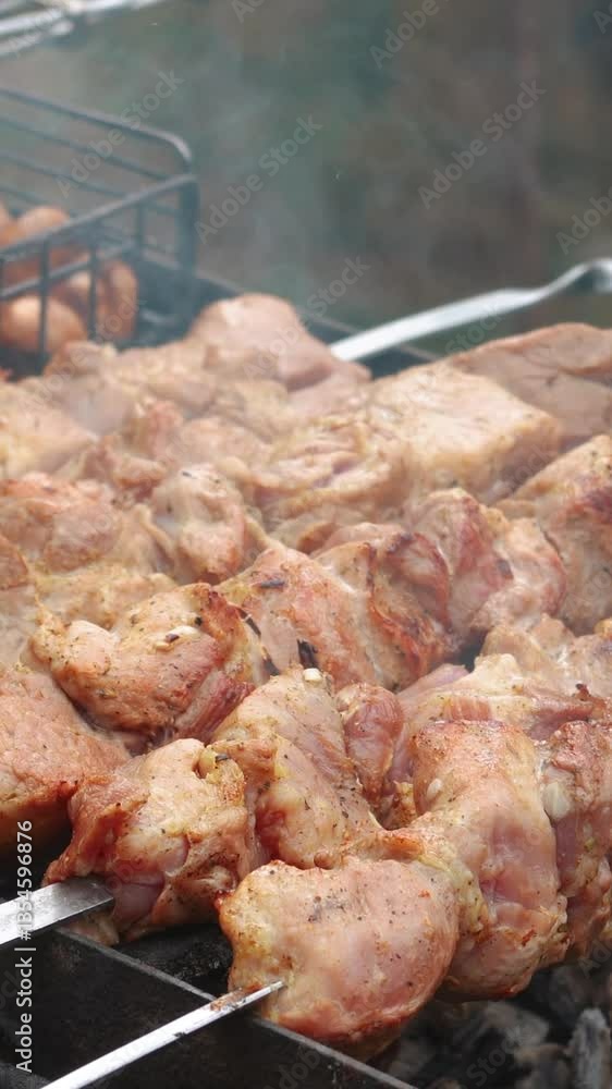 Delicious appetizing steak meat is fried outside on fire and smoke. Shish kebab on the grill on a summer vacation in nature with friends. Barbecue grill with smoke on coals Delicious appetizing steak meat is fried outside on fire and smoke. Shish kebab on the grill on a summer vacation in nature with friends. Barbecue grill with smoke on coals