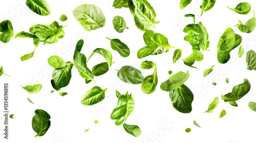 Green Leaves in Motion: A collection of vibrant green leaves is artfully suspended in mid-air, creating a sense of movement and freshness. It's an energetic visual, perfect for health, food.
