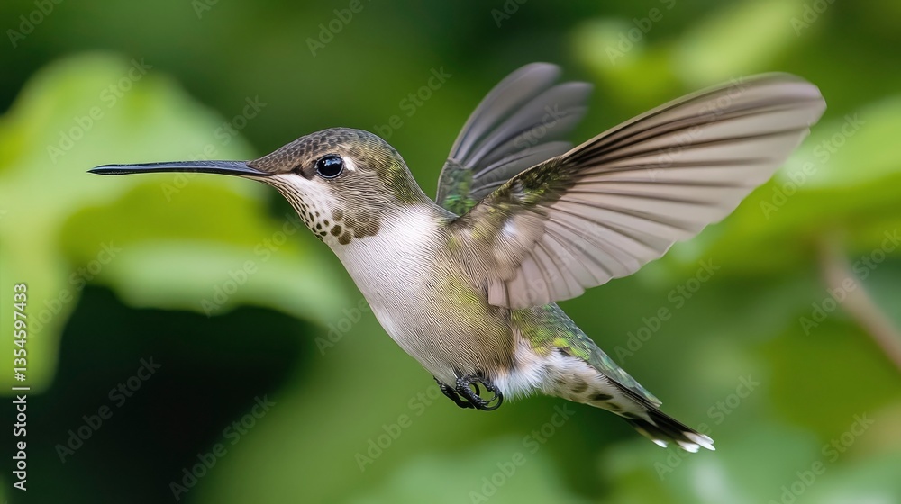 Naklejka premium A vibrant hummingbird in mid-flight, surrounded by lush green foliage, showcasing its iridescent feathers