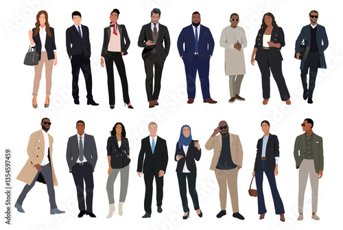 Diverse group of business people, entrepreneurs, office workers in formal outfits. Multinational company. Business men and women standing together. Flat cartoon vector illustrations isolated.