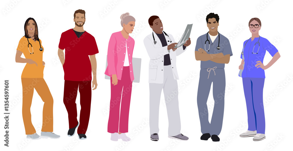 Fototapeta premium Set of smiling doctors, nurses, paramedics. Different male and female medic workers in uniform with stethoscopes. Flat cartoon vector illustration isolated