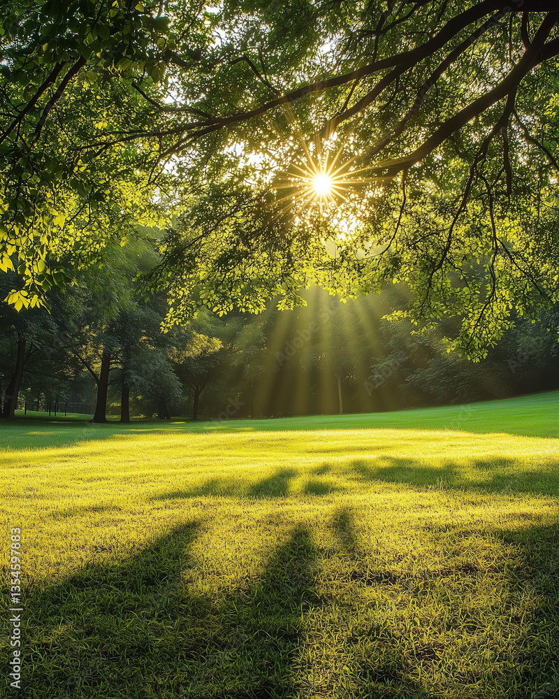 Obraz premium Sunlight paints a golden path through the autumn forest as morning light filters through the trees
