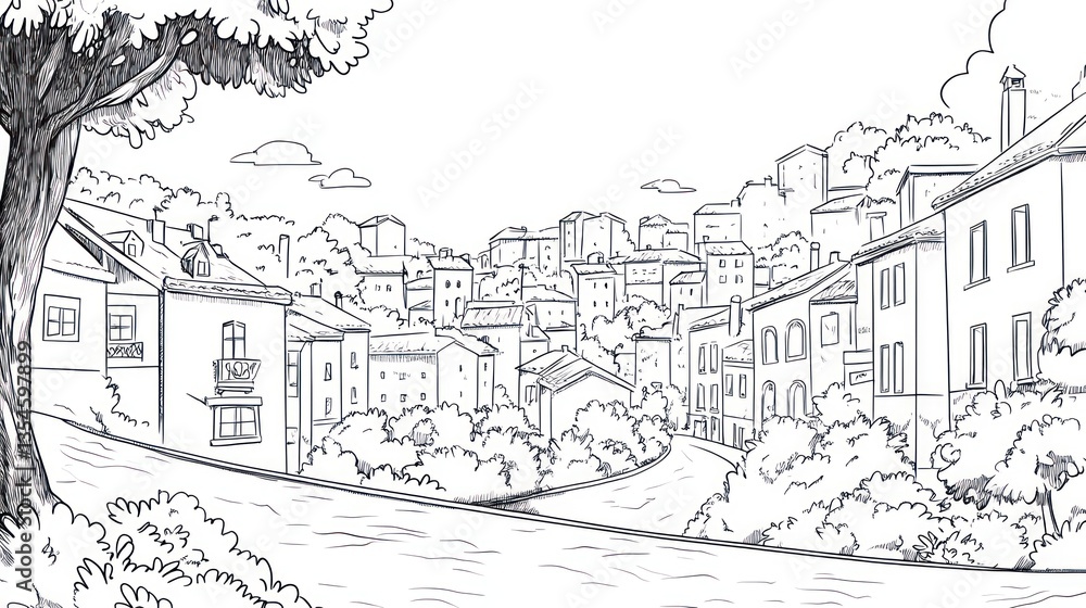 Black and white illustration of a hillside village. Scenic view. Possible use Stock photo for design, book cover, or print Black and white illustration of a hillside village. Scenic view. Possible use Stock photo for design, book cover, or print