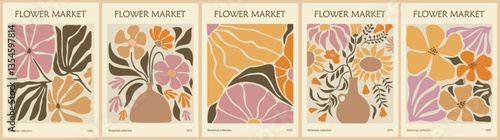 Set of abstract Flower Market posters. Trendy botanical wall arts with floral design in danish pastel colors. Modern naive groovy funky interior decorations, paintings. Vector art illustration.