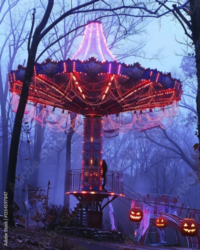 Merry-Go-Round Rides in Spooky Woods Halloween Lights, Fog, Trees