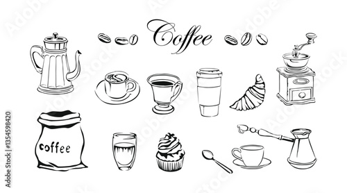 Coffee elements line art style vector illustrations. Black line sketch isolated on white background. Coffee cup, cappuccino, coffee pot, bag, beans ink style drawing set