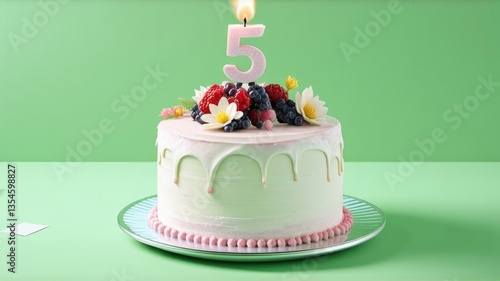 cake on green background, space for text, birthday greeting, five years, candle burning, berries and decoration on a cupcake