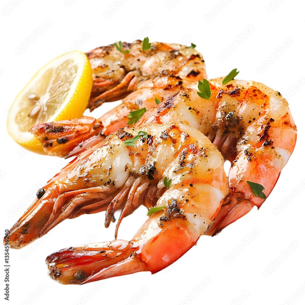 Delicious grilled shrimp garnished with fresh parsley and a slice of lemon, perfect for a summer meal or seafood feast. Delicious grilled shrimp garnished with fresh parsley and a slice of lemon, perfect for a summer meal or seafood feast.