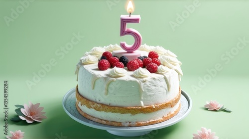 cake on green background, space for text, birthday greeting, five years, candle burning, berries and decoration on a cupcake