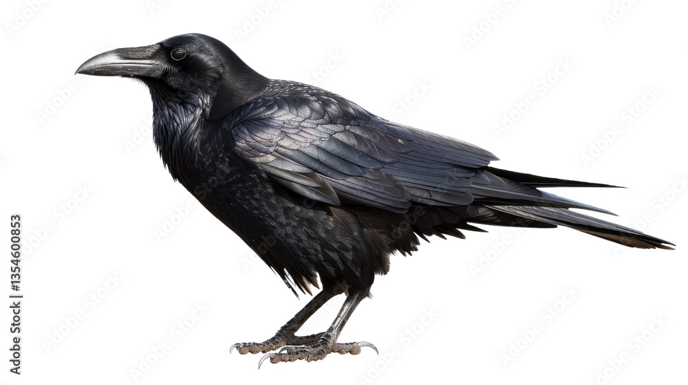 Fototapeta premium Majestic Raven Perched: A stunning, close-up portrait of a raven. The bird's glossy black feathers shine, with a detailed view of its powerful beak, creating a sense of wonder.