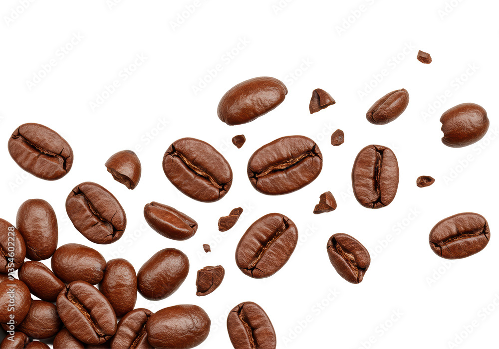 Isolated Pile of Coffee Beans with Scattered Fragments Isolated Pile of Coffee Beans with Scattered Fragments
