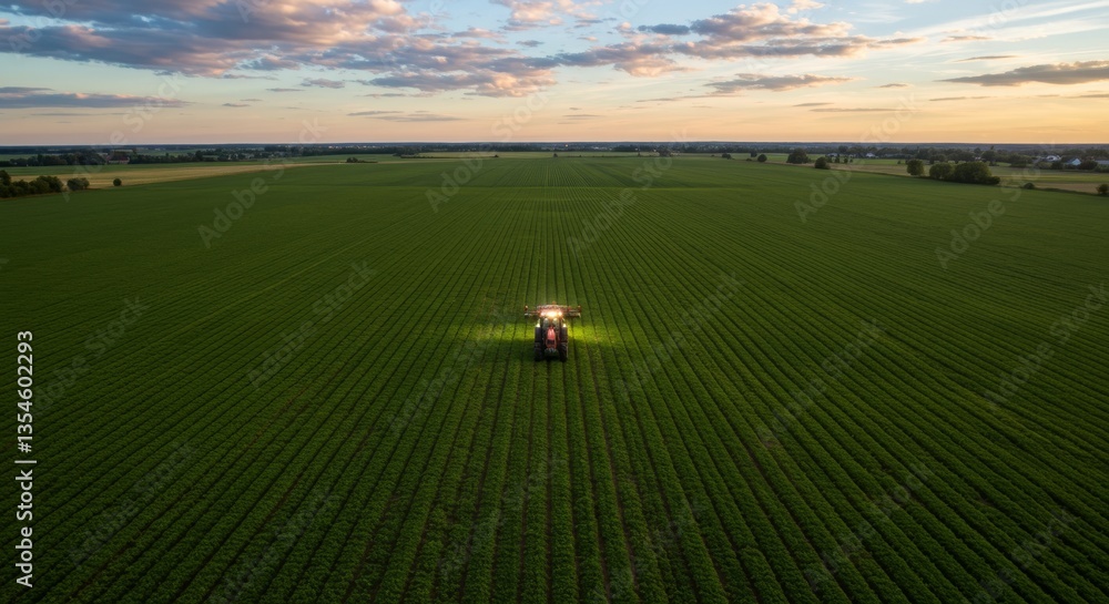Obraz premium A tractor illuminated working on a large green field