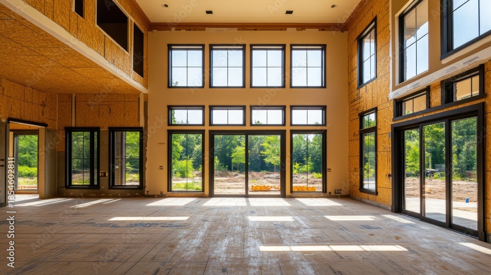 Large windows illuminate spacious unfinished house interior Large windows illuminate spacious unfinished house interior