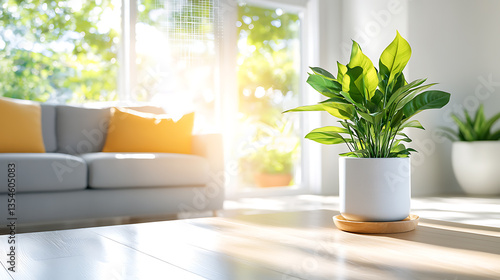 Fototapeta Naklejka Na Ścianę i Meble -  Indoor plant care action modern home living space interior decor image bright environment close-up viewpoint concept of eco-friendly design