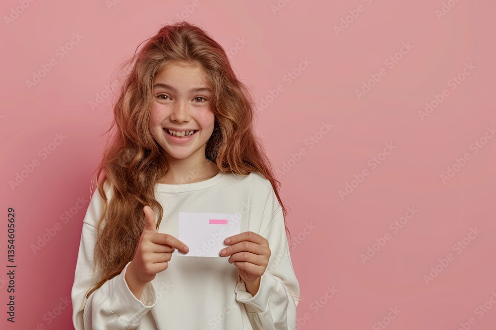 Clear Pixel Image of Smiling Young Girl Model Pointing at a Card on Pink Wall Clear Pixel Image of Smiling Young Girl Model Pointing at a Card on Pink Wall