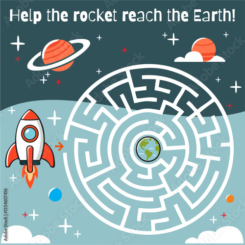 Space-themed maze puzzle for kids. Help the rocket navigate through the labyrinth to reach Earth. Fun and educational activity with planets, stars, and a colorful cosmic background.