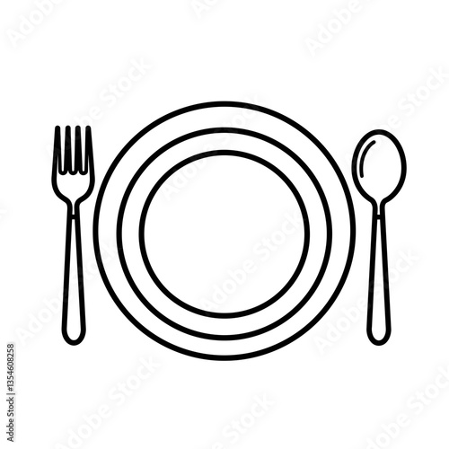 Ready for Dinner: An overhead view of a dining set with a fork, spoon and plates. the monochrome illustration style creates a minimalist aesthetic, emphasizing the clean lines and basic shapes