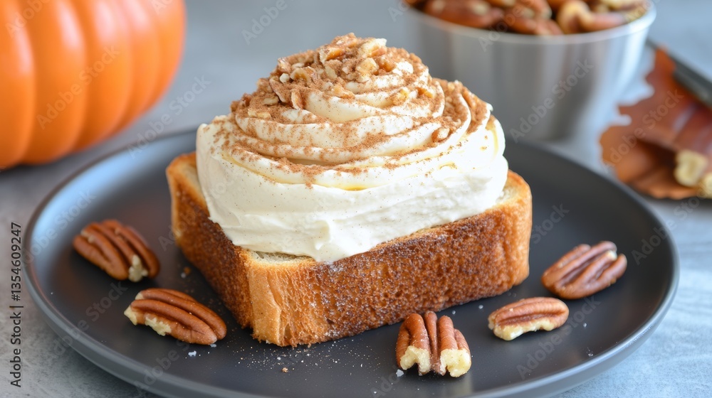 Indulge in the flavors of autumn with pumpkin spice cream cheese toast spread on cinnamon raisin bread topped with maple syrup and pecans Indulge in the flavors of autumn with pumpkin spice cream cheese toast spread on cinnamon raisin bread topped with maple syrup and pecans