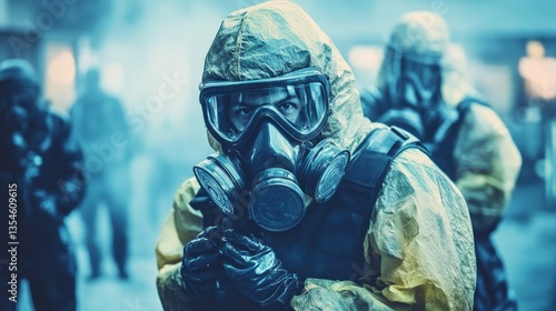 Hazmat Team Operative in Protective Gear Amidst a Hazardous Environment