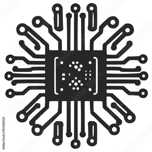 Black and white microcircuit icon with abstract tracks