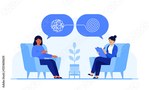 Female psychologist and patient talking in therapy session. Psychology, mental health support, counseling, treatment, emotional wellness concept. Flat vector illustration isolated on white background	