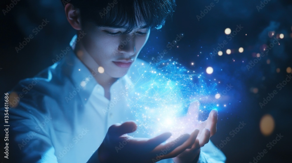Man creating light sphere with hands Man creating light sphere with hands