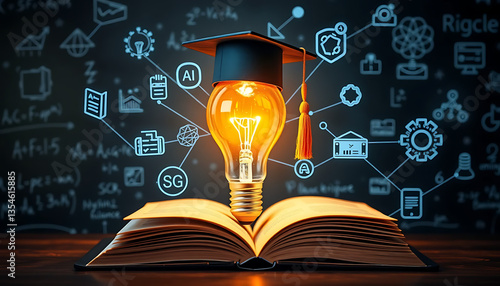 Education Light Bulb Symbolizing Knowledge with Graduation Cap and Digital Diagrams in Open Book