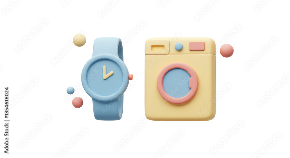 Isolated Wristwatch and Washing Machine Symbolizing Time Management Isolated Wristwatch and Washing Machine Symbolizing Time Management