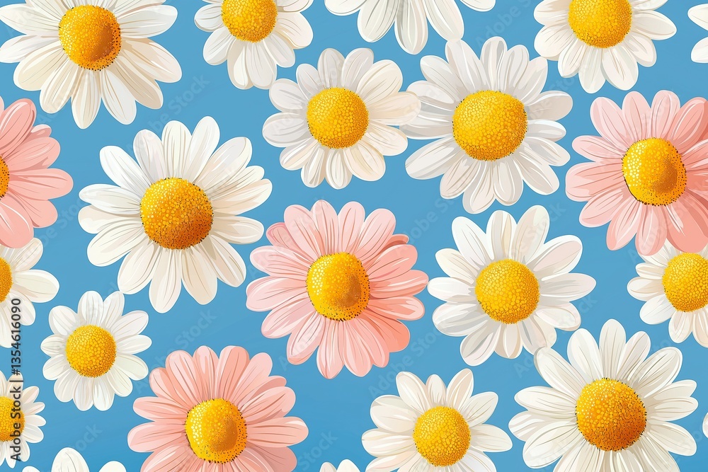 Obraz premium Seamless Pattern of Pink and White Daisies on Blue Background for Textiles and Packaging