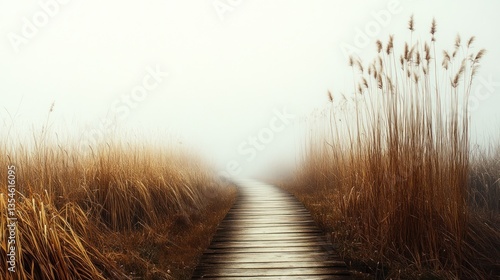 Misty Path Through Golden Grasslands: A Serene Autumn Walk