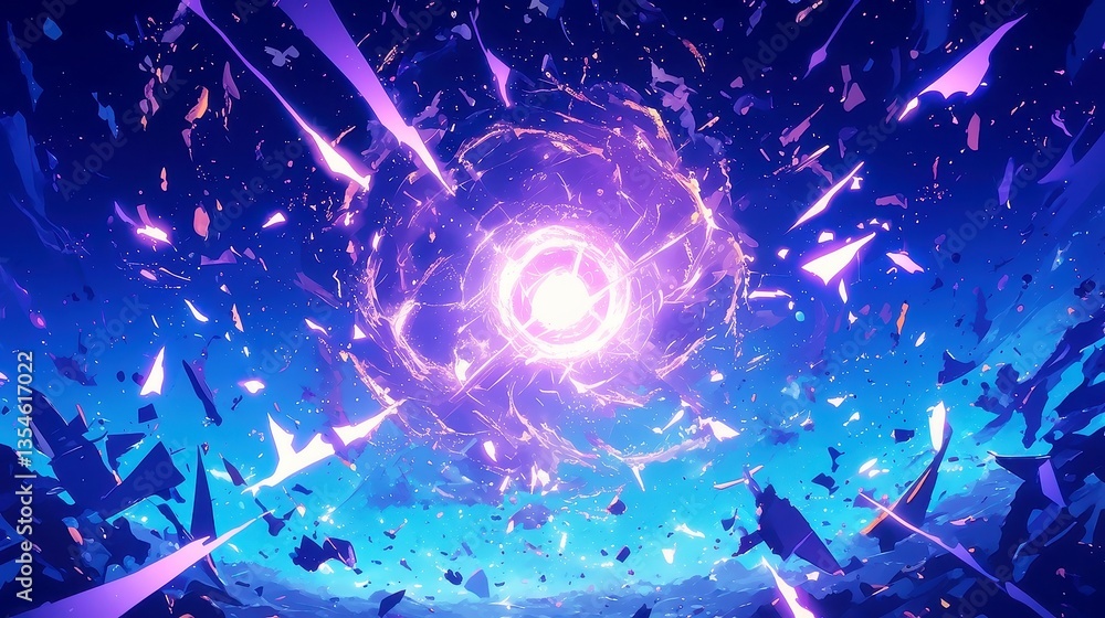 Obraz premium Anime Gravity Pulse Explosion, dynamic illustration of a gravitational energy burst, vivid energy waves radiating outward, swirling cosmic colors of deep purple, blue, magenta, intense motion lines.