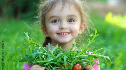 Happy Child Holding Fresh Greens and Tomatoes